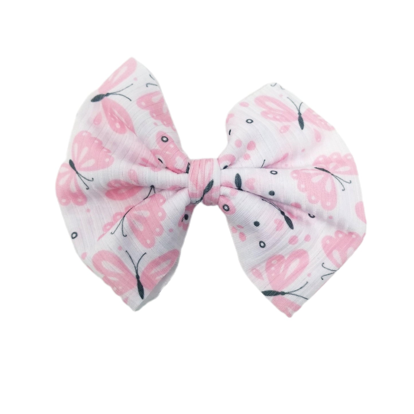 Pink Butterflies Rib Knit Fabric Bow 5"