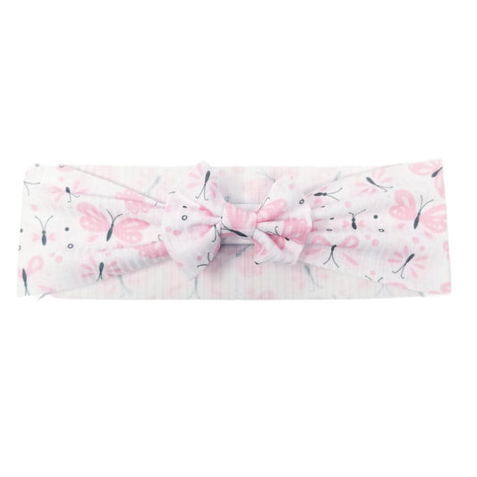 Pink Butterflies Rib Knit Fabric Bow Headwrap 3"