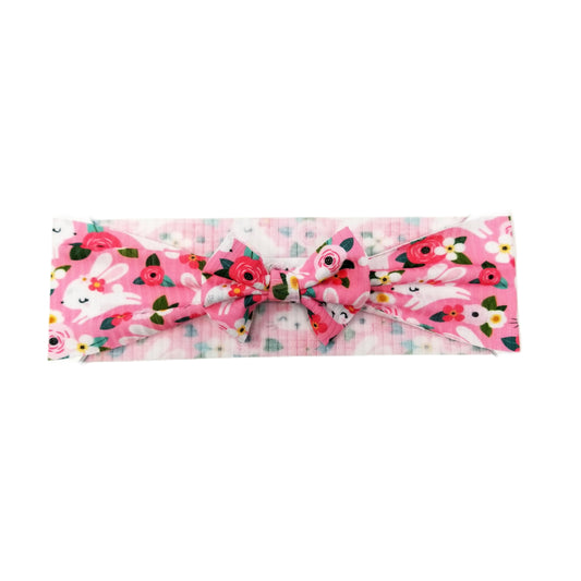 Bunnies on Pink Rib Knit Fabric Bow Headwrap 3"
