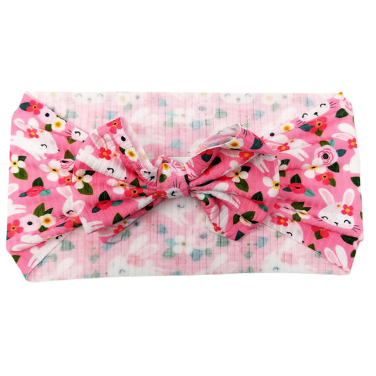 5 inch Bunnies on Pink Rib Knit Fabric Bow Headwrap
