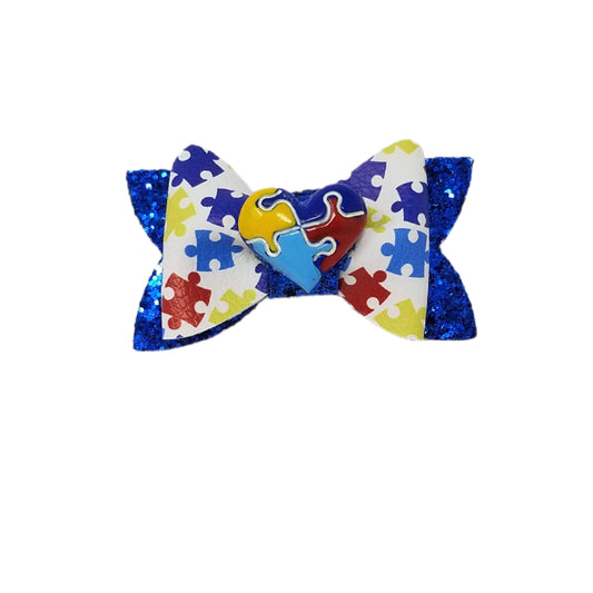 3 inch Colorful Puzzle Pieces Bowtie Pinch Bow with Heart Puzzle Clay