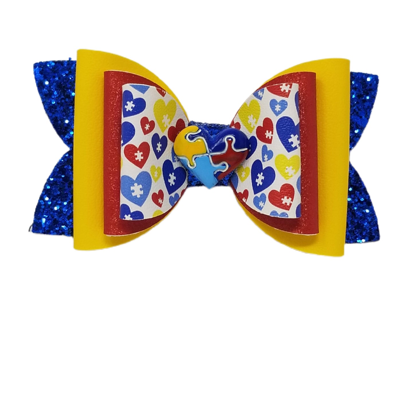 5 inch Heart Puzzle Triple Diva Bow with Heart Puzzle Clay