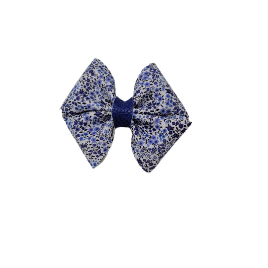 Vintage Blue Floral Fluffy Petal Pinch Bow 4"