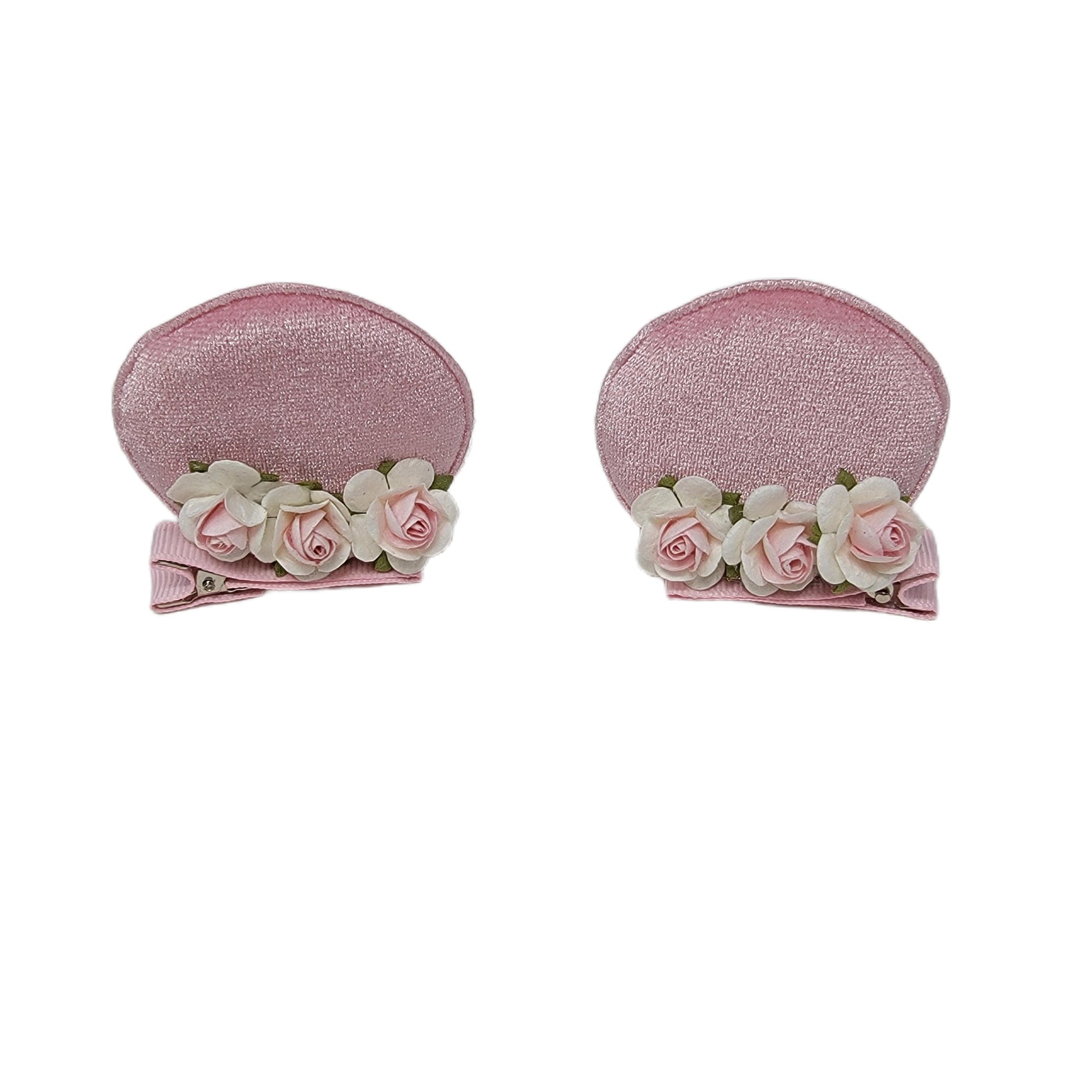 Pink Floral Mouse Ear Clips 2.5" (pair)
