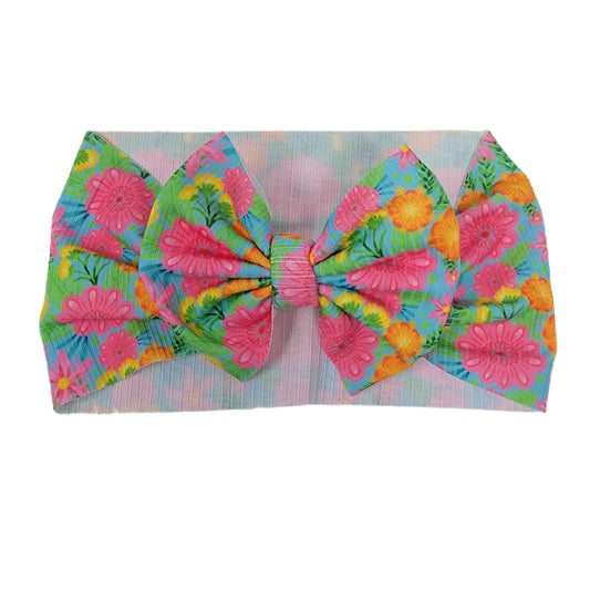 Fiesta Floral Rib Knit Fabric Bow Headwrap 5"