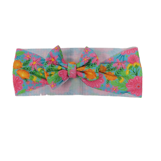 Fiesta Floral Rib Knit Fabric Bow Headwrap 3"