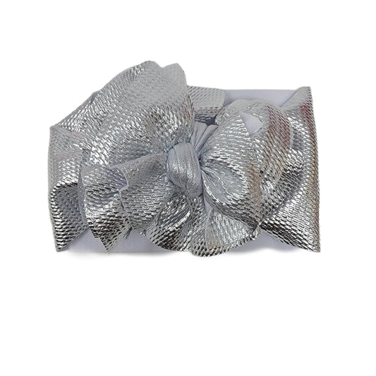 Silver Metallic Sassy Fabric Bow Headwrap 5"