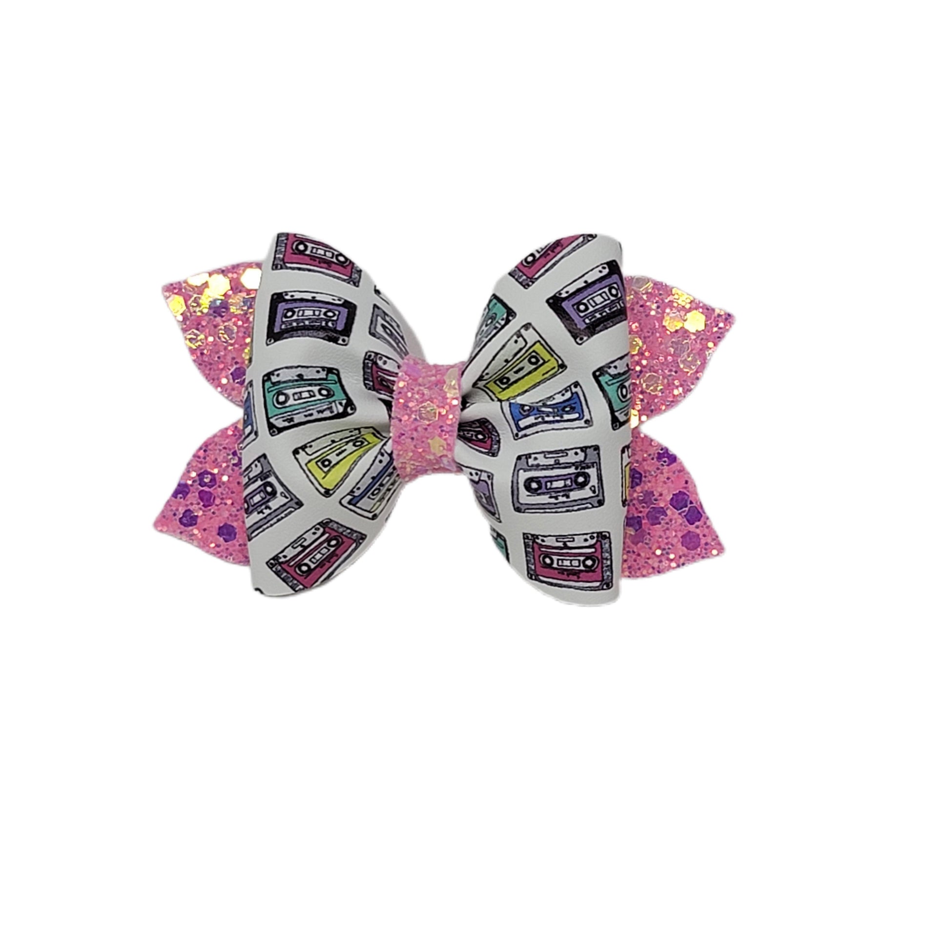 Cassette Tapes Pixie Pinch Bow 2.5" (pair)