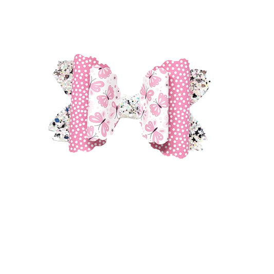 Pink Butterflies Double Scalloped Daisy Bow 4"