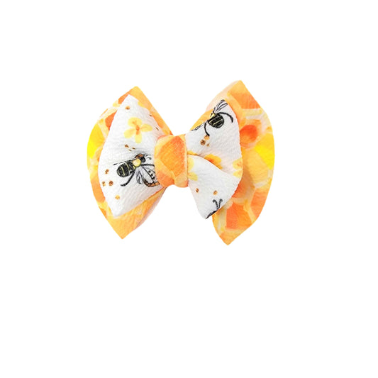 Double Stacked Bees & Honeycomb Fabric Bow 3"