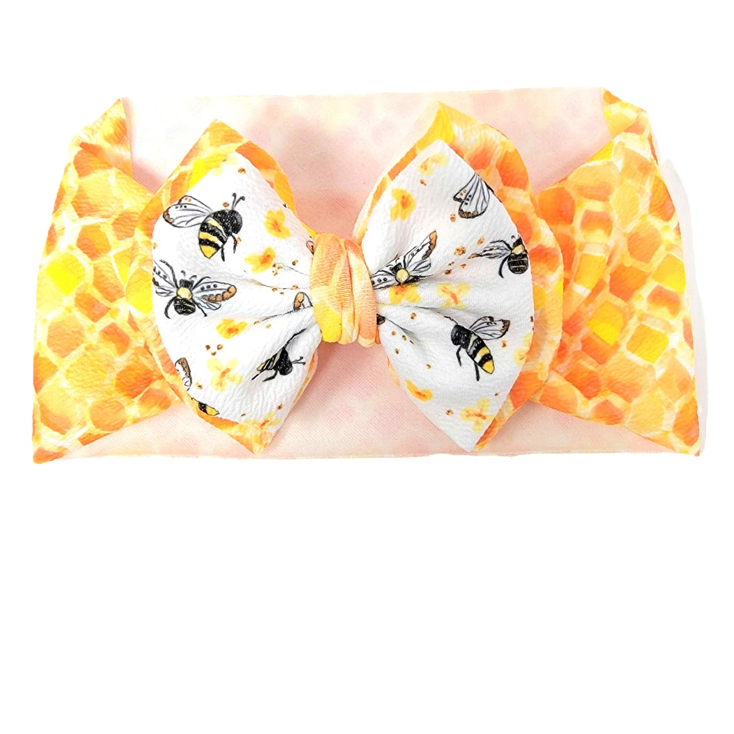 Double Stacked Bees & Honeycomb Fabric Bow Headwrap 5"