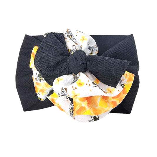 Bees & Honeycomb Sassy Fabric Bow Headwrap 5" (Black Wrap)