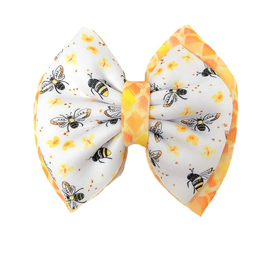 Double Stacked Bees & Honeycomb Puffy Fabric Bow 7"