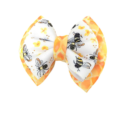 Double Stacked Bees & Honeycomb Puffy Fabric Bow 5"