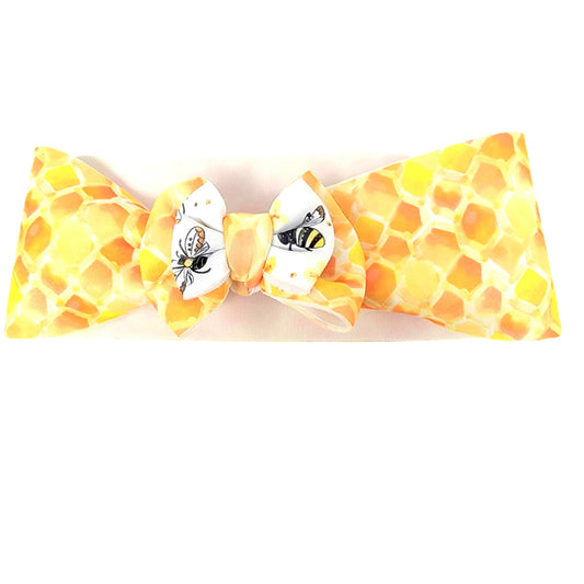 Double Stacked Bees & Honeycomb Puffy Fabric Bow Headwrap 3"