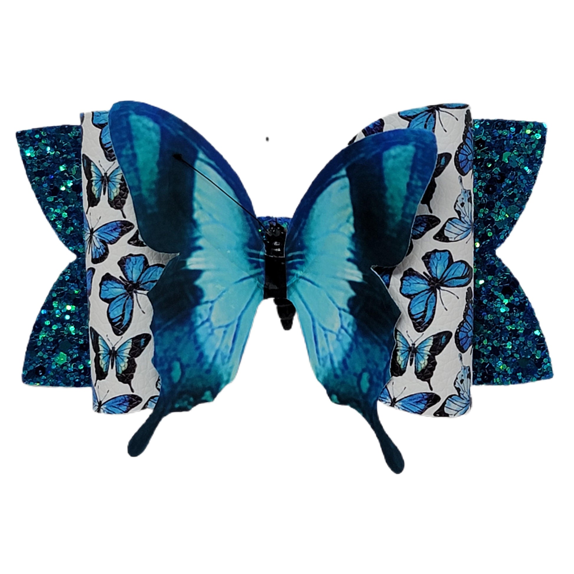 Blue Butterflies Diva Bow with Butterfly Embellishment 5"