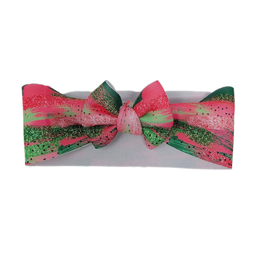 Watermelon Brushstrokes Puffy Fabric Bow Headwrap 3"