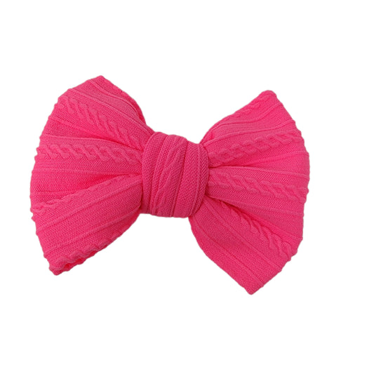 Neon Pink Braid Knit Fabric Bow 4"