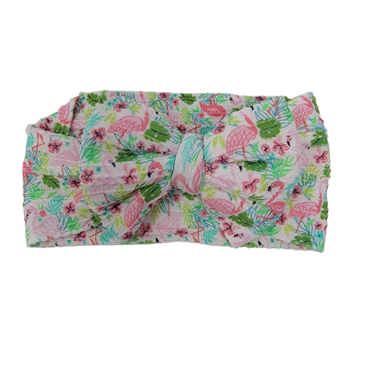 4" Flamingos Braid Knit Fabric Bow Headwrap