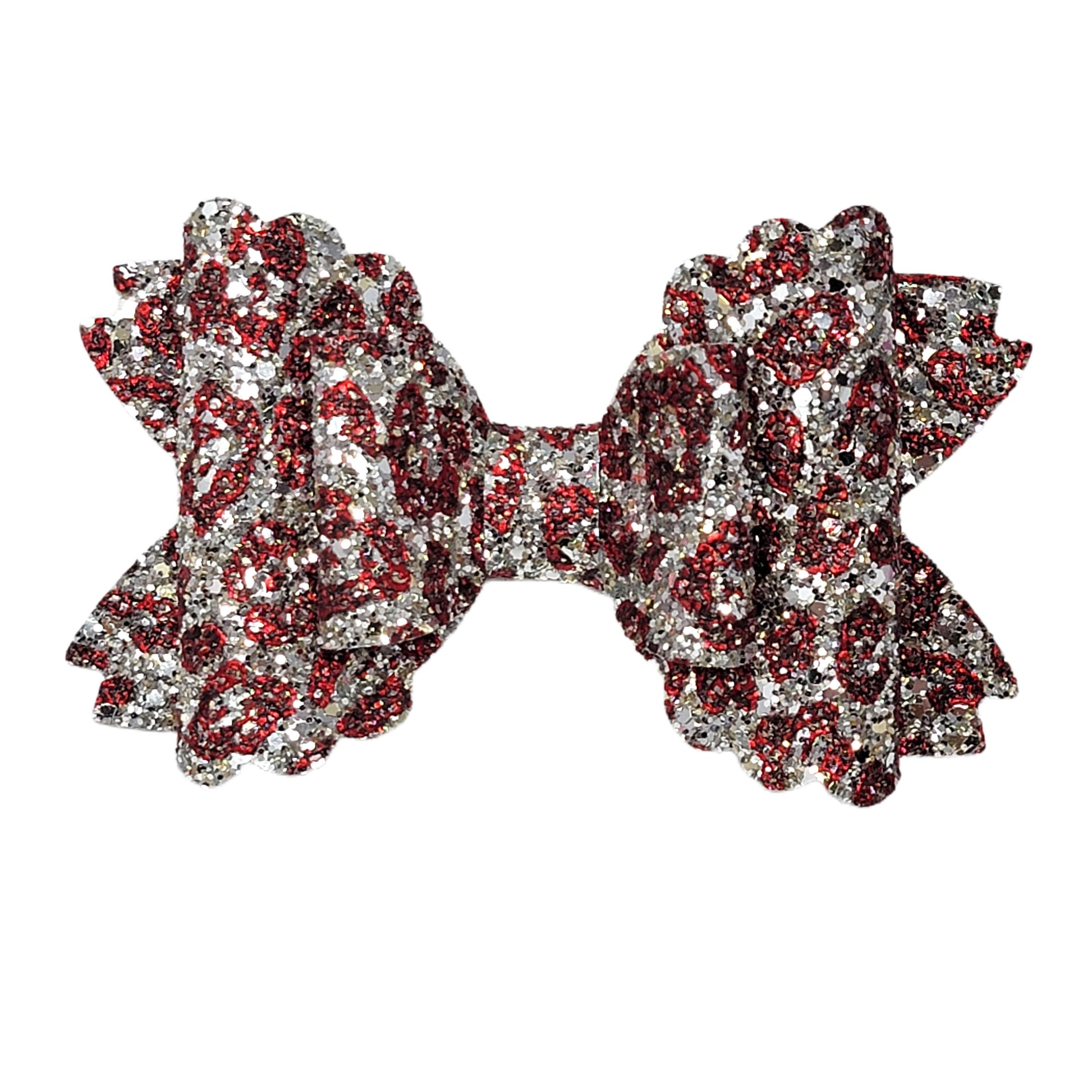 Red & Silver Leopard Glitter Double Scalloped Daisy Bow 6" 