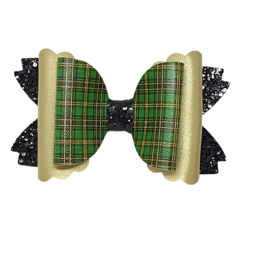 Green & Gold Plaid Double Scalloped Daisy Bow 6" 