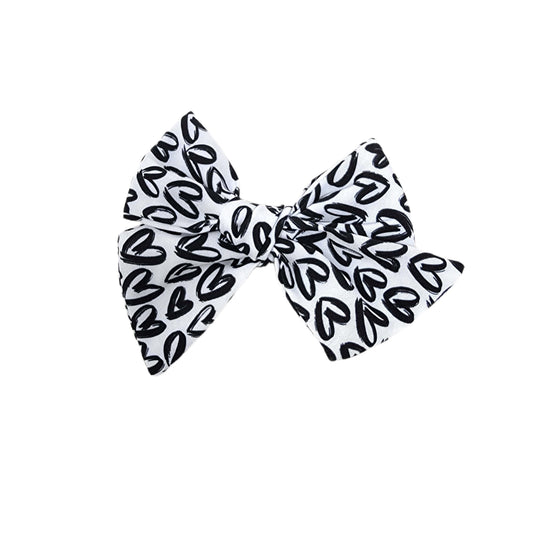 Black Hearts on White Dainty Fabric Bow 4"