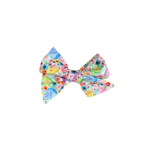 Floral Conversation Hearts Dainty Fabric Bow 4"