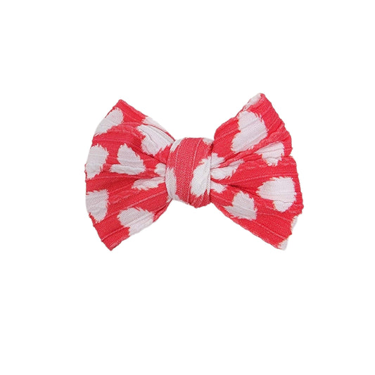 White Hearts on Red Braid Knit Fabric Bow 4"