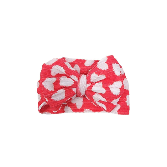 White Hearts on Red Braid Knit Bow Headwrap 4"