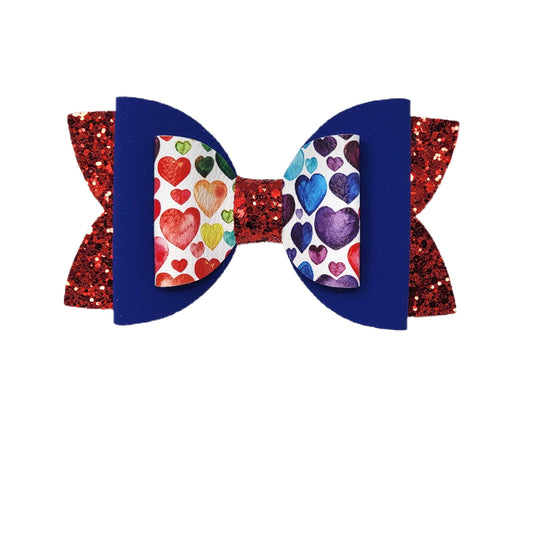 Multicolored Hearts Double Diva Bow 5" - Waterfall Wishes