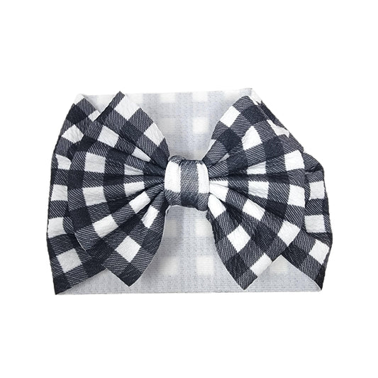 Black & White Buffalo Plaid Fabric Bow Headwrap