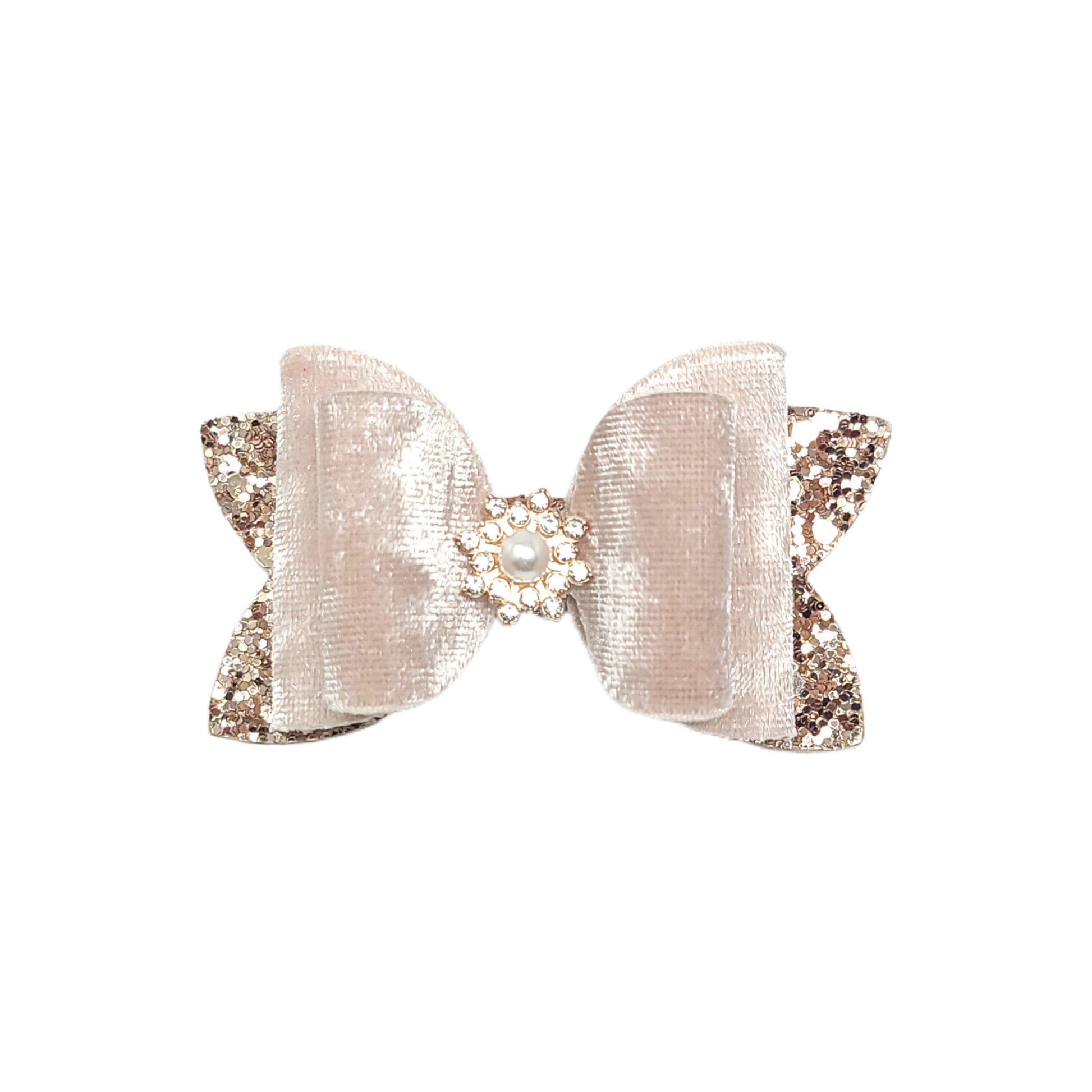 Pink Champagne Velvet & Rose Gold Glitter Double Diva Bow 3" with Rhinestone Embellishment