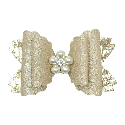 Embossed Gold Double Scalloped Daisy Bow 4" with Pearl Embellishment