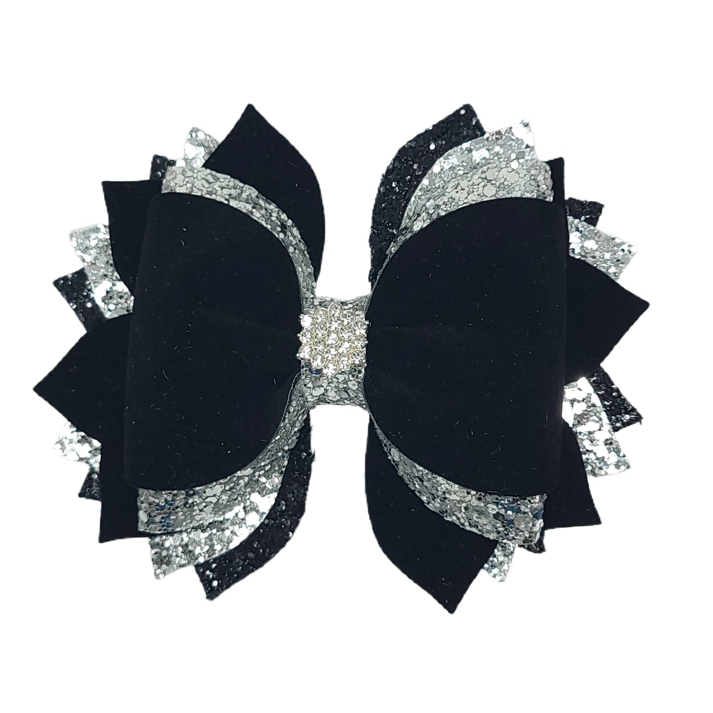 Black Velvet & Silver Glitter Dressed-up Phoebe Elite Bow 5" with Rhinestone Embellishment