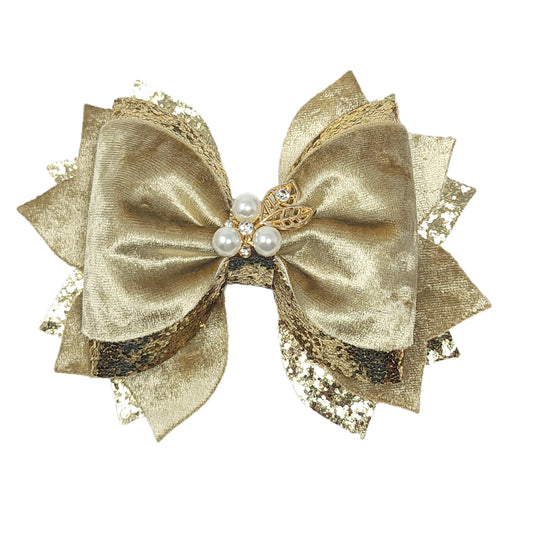 Gold Velvet & Gold Glitter Dressed-up Phoebe Elite Bow 5" with Pearl Embellishment