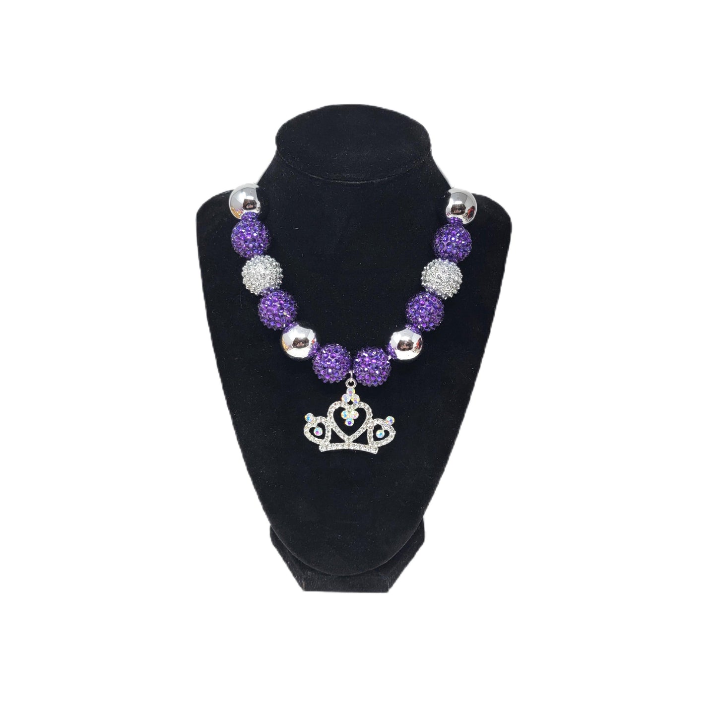 Purple & Silver Bubblegum Necklace with Crown Pendant