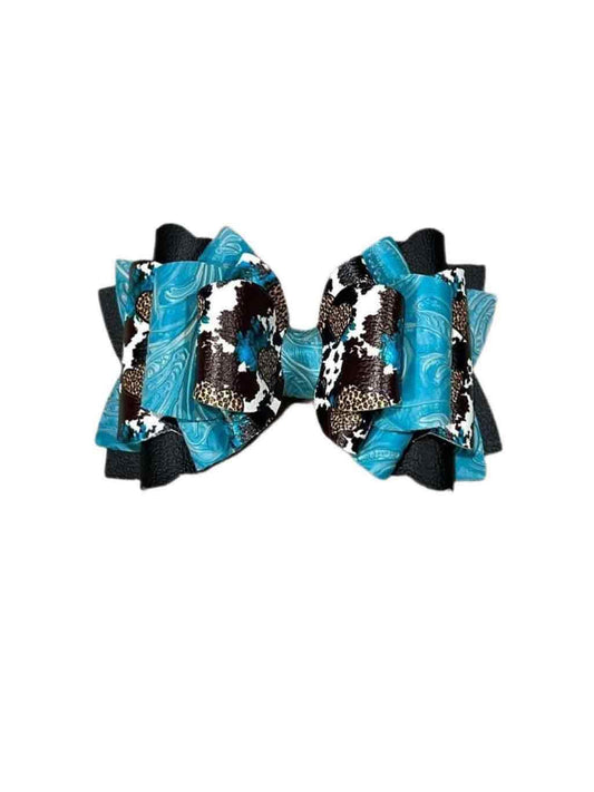 Turquoise & Cow Print Triple Franchi Bow 5"