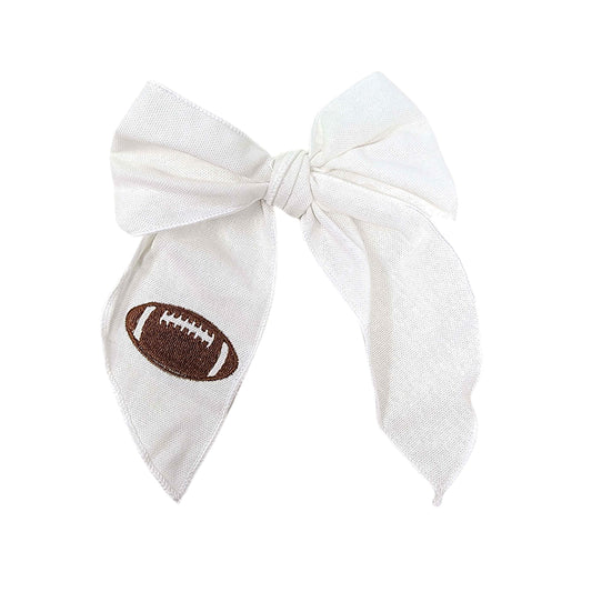 White Football Embroidered Serged-edge Fabric Bow 5"