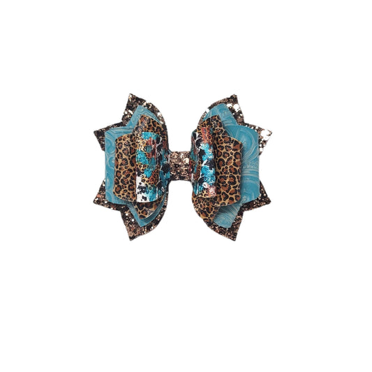 Turquoise Leopard Print Double Franchi Elegant Bow 5"